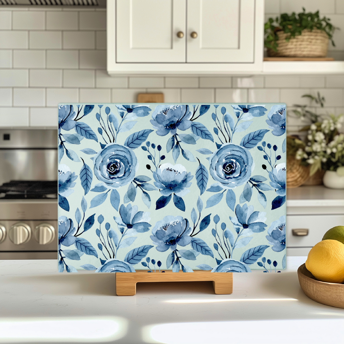 Blue Floral Glass Cutting Board