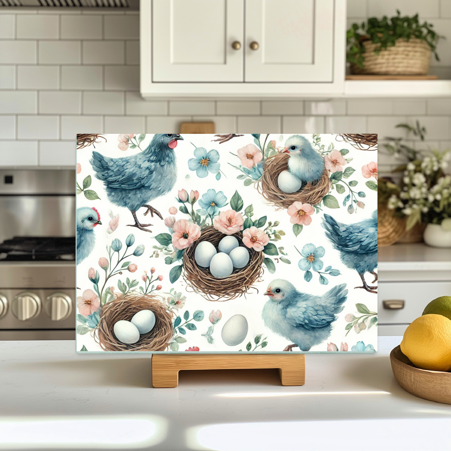 Spring Chick & Nest Glass Cutting Board